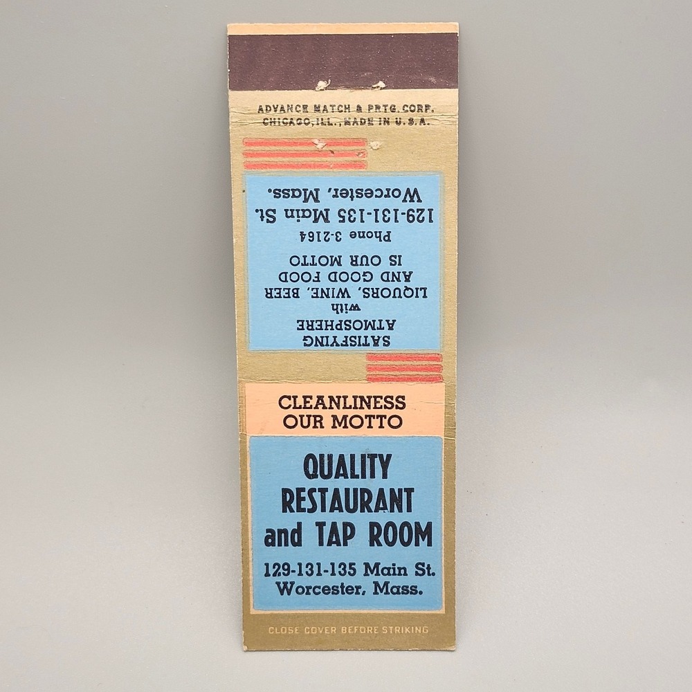 Vintage QUALITY RESTAURANT Worcester MA Matchbook Cover Main St. Tap Room